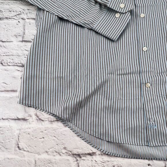 Johnston & Murphy Shirt Mens XL Blue White Brown Striped Button Down Easy Care - Picture 4 of 10
